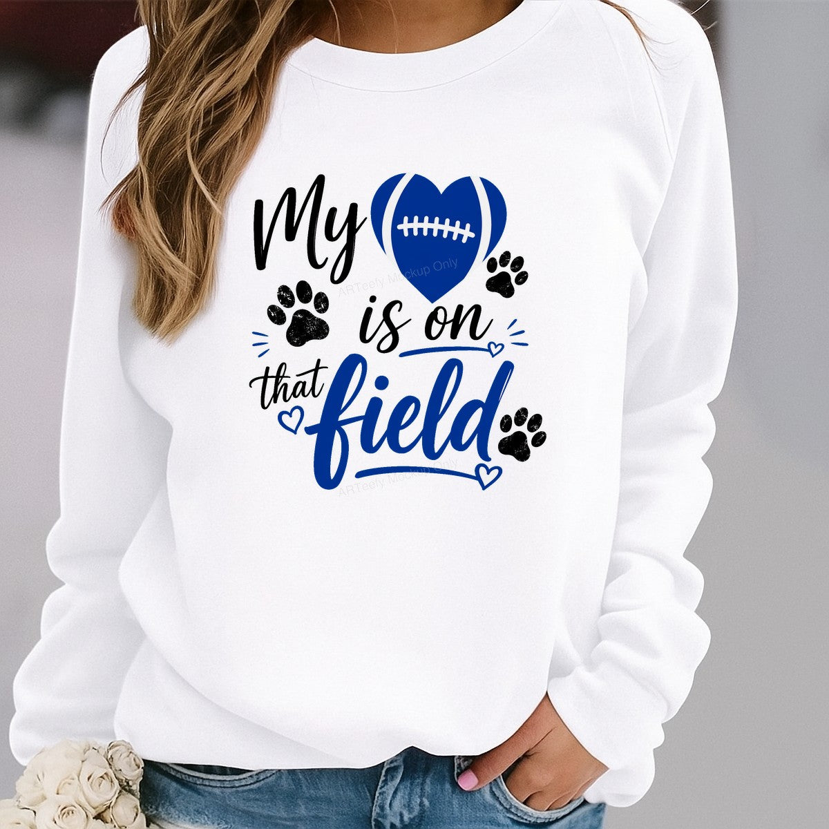 DTF Transfer My Heart Is On That Field Football Heart with Paw Prints Graphic for T Shirts Hoodies and Game Day Apparel - 2