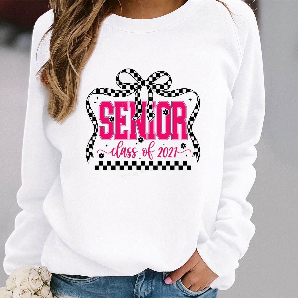 DTF Heat Transfer Senior Class of 2027 Checkered Bow Pink Lettering Graphic for T Shirts Hoodies and Graduation Gifts - 2