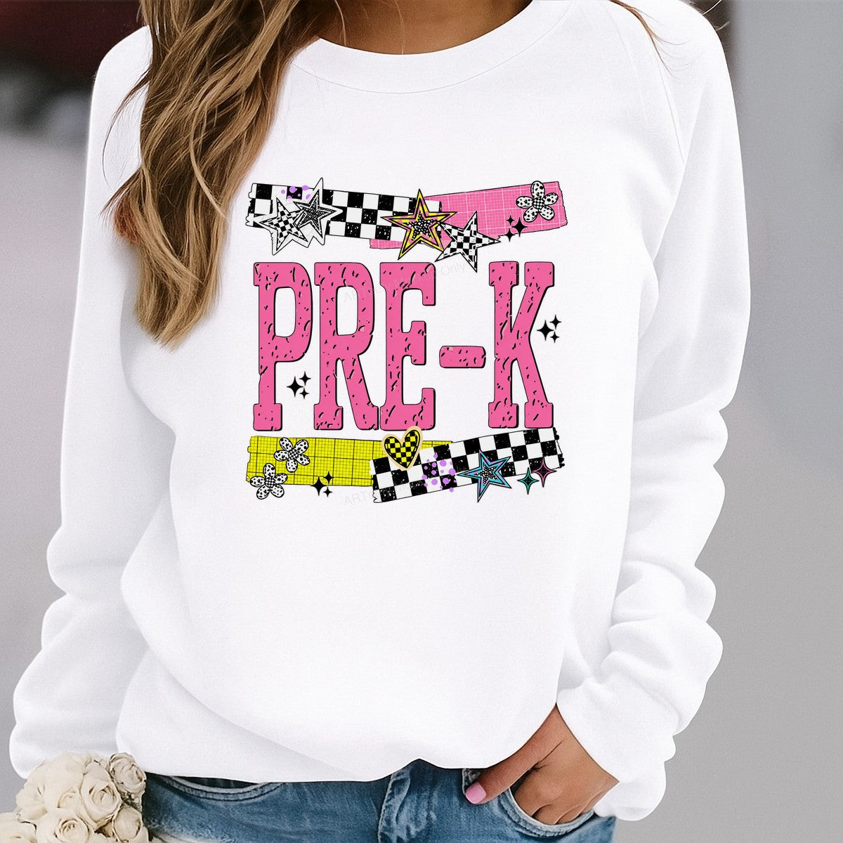 DTF Heat Transfer PRE-K Checkerboard Stars and Hearts Graphic for T Shirts Hoodies and Tote Bags - 2