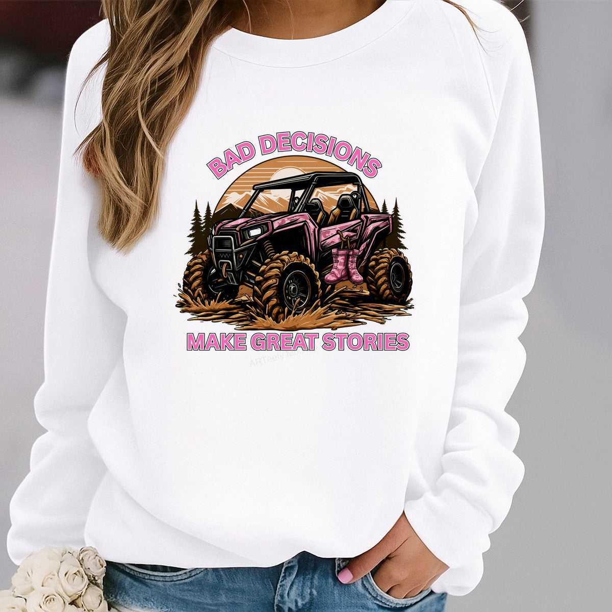 DTF Transfer Bad Decisions Make Great Stories Pink ATV Mud Riding Graphic for T Shirts Hoodies and Casual Wear - 2