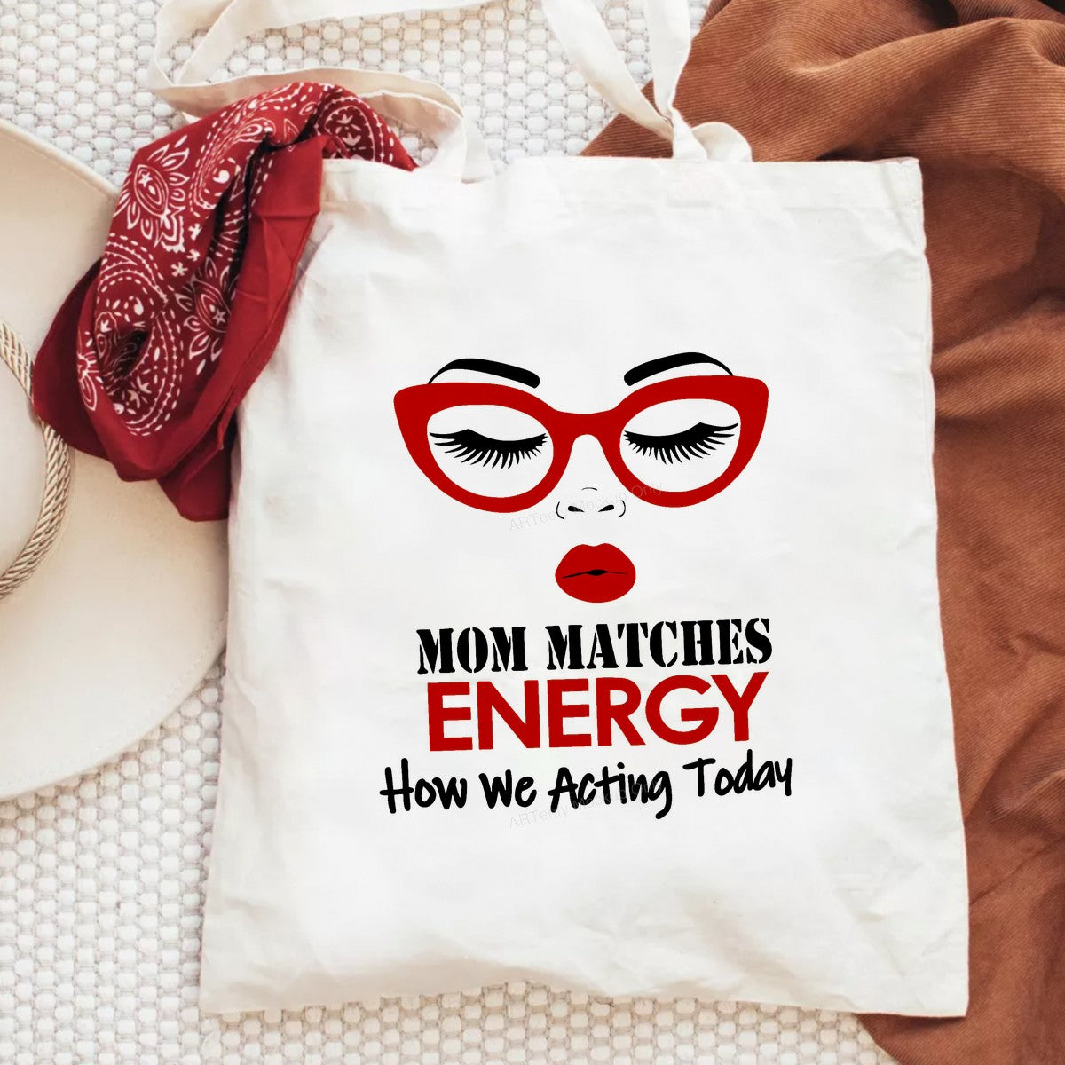 DTF Transfer Mom Matches Energy Quote with Red Glasses and Lips Graphic for T Shirts Hoodies and Tote Bags - 2