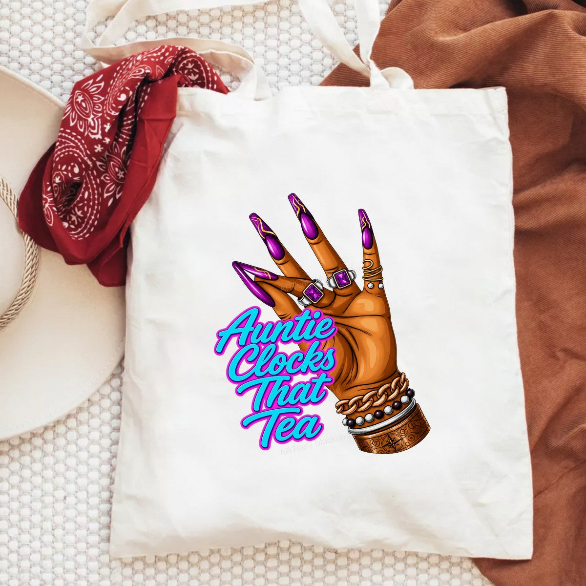 Funny Graphic Transfer Auntie Clocks That Tea Hand with Long Purple Nails Design for T Shirts Hoodies and Tote Bags - 2