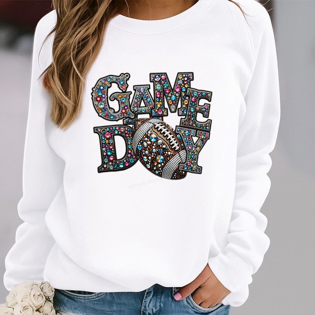 DTF Heat Transfer Game Day Football Rhinestone Jewel Graphic for T Shirts Hoodies and Game Outfits - 2
