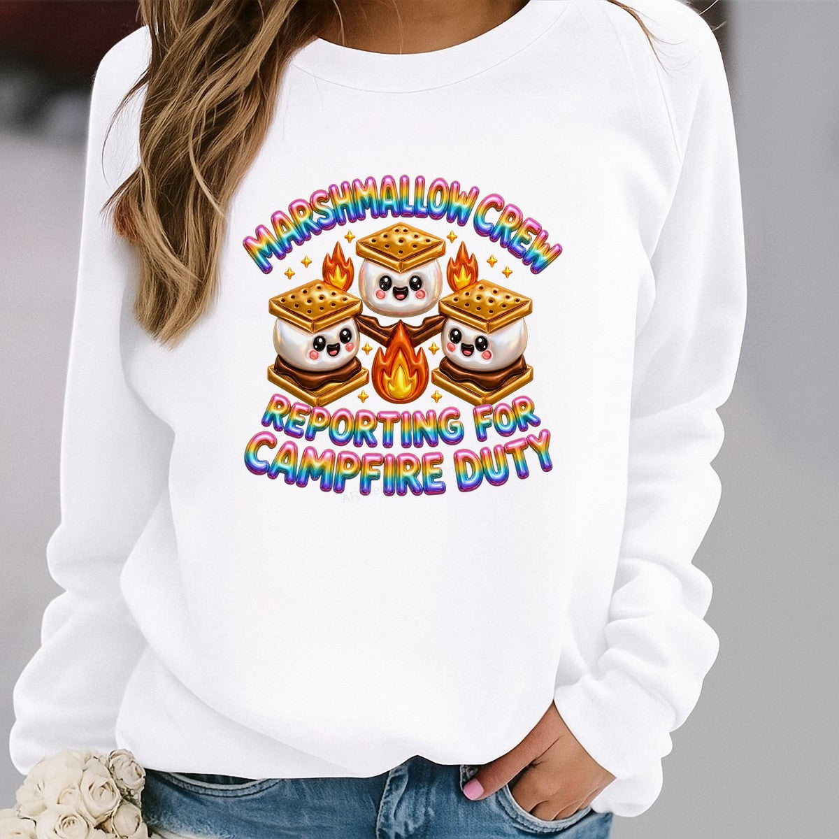 Funny Graphic Transfer Marshmallow Crew Reporting For Campfire Duty Cute S’mores Art for T Shirts Hoodies and Camping Apparel - 2