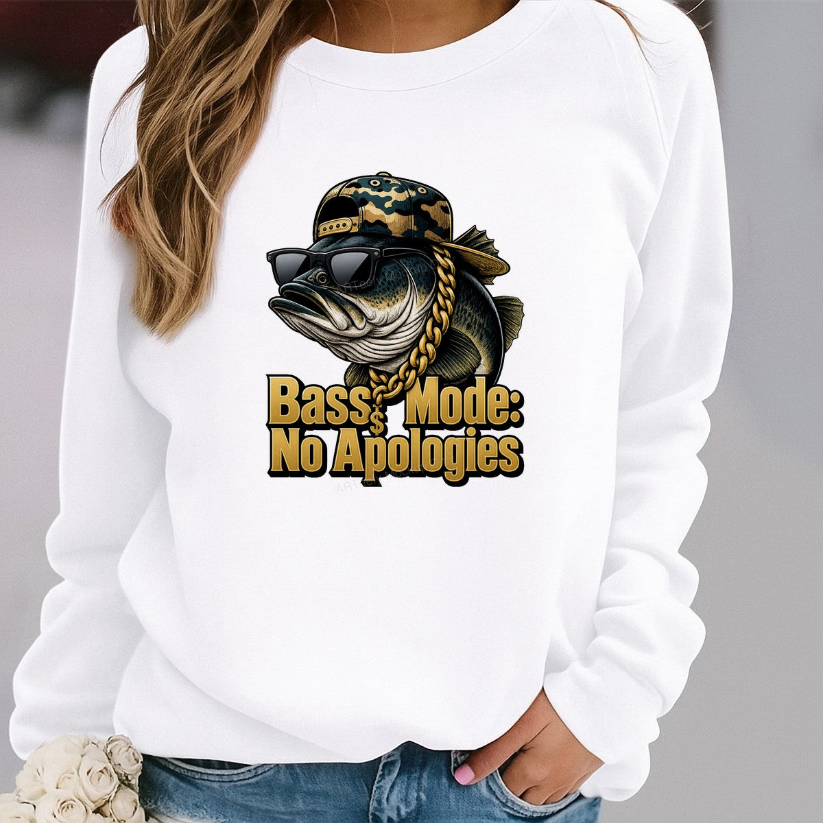 Funny Graphic Transfer Bass Mode No Apologies Cool Rapper Fish with Gold Chain Design for T Shirts Hoodies and Fishing Gifts - 2
