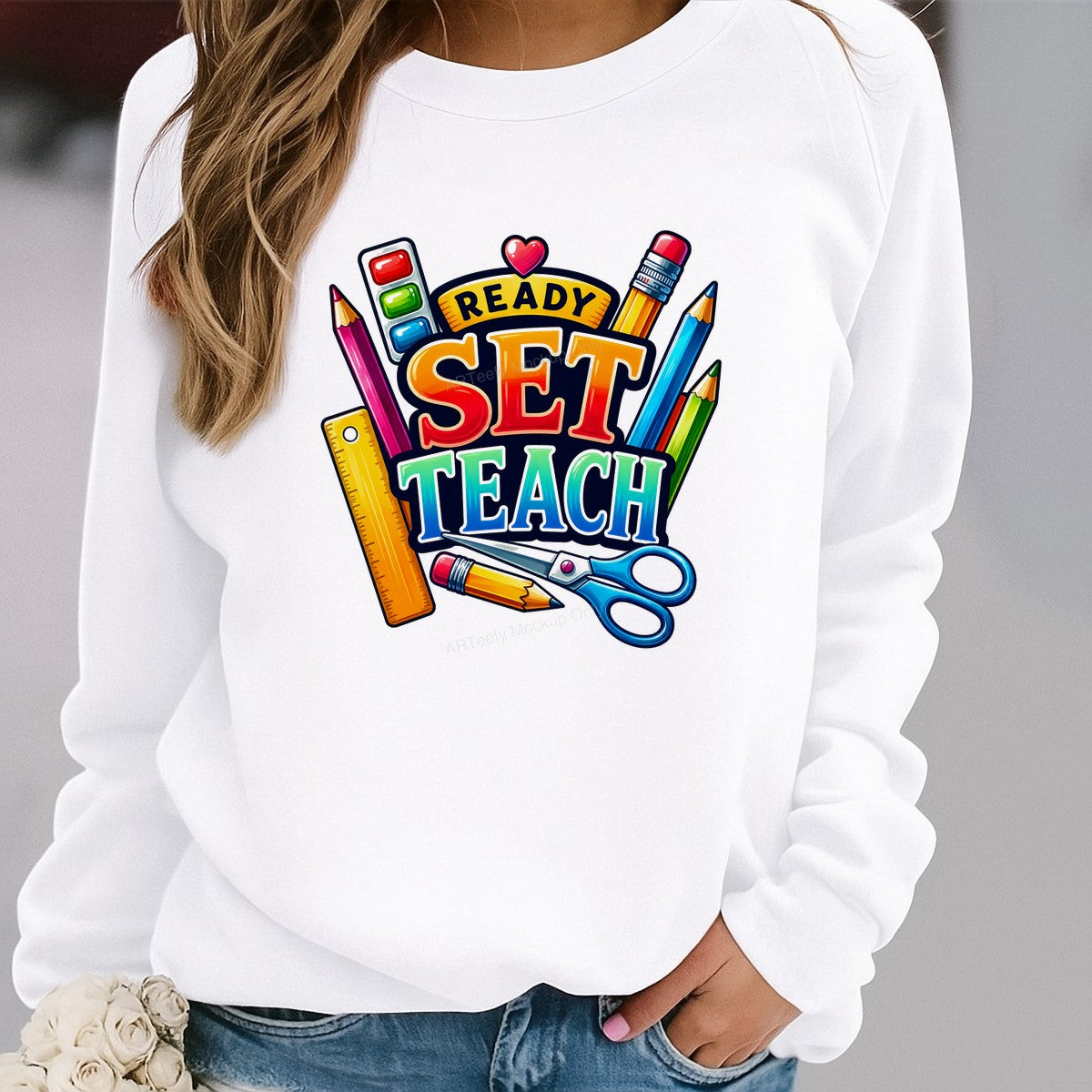 DTF Heat Transfer Ready Set Teach Teacher Quote with Colorful School Supplies Graphic for T Shirts Hoodies and Tote Bags - 2