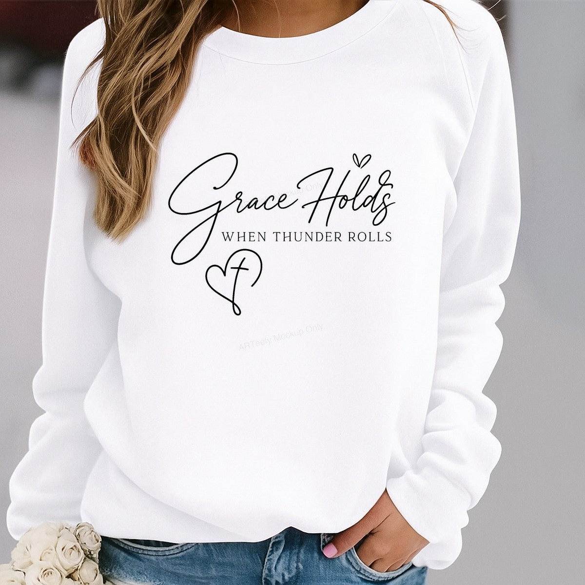 Christian Heat Transfer Grace Holds When Thunder Rolls Script Heart Cross Graphic for T Shirts Hoodies and Tote Bags - 2