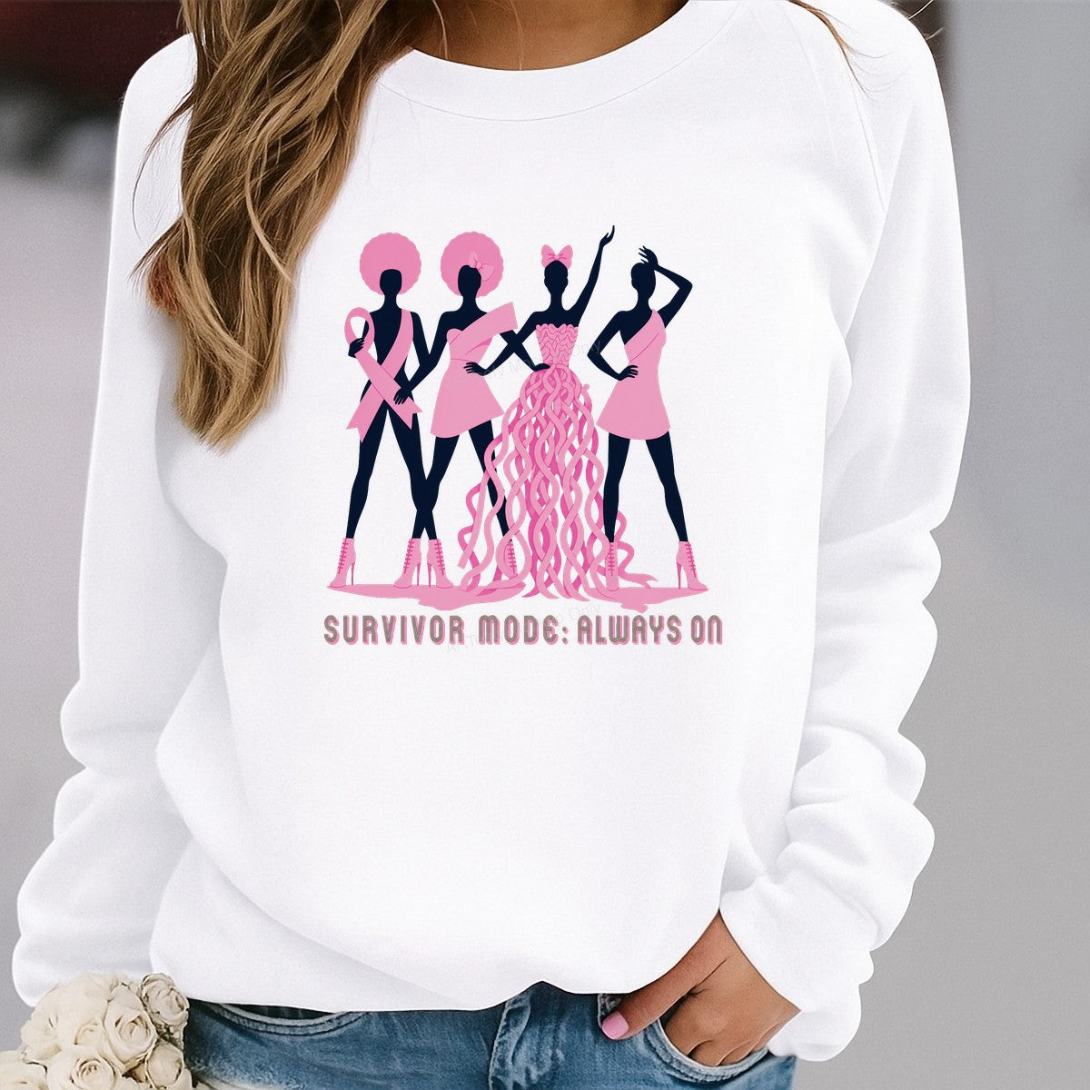DTF Transfer Survivor Mode Always On Pink Ribbon Women Silhouette Graphic for T Shirts Hoodies and Tote Bags - 2