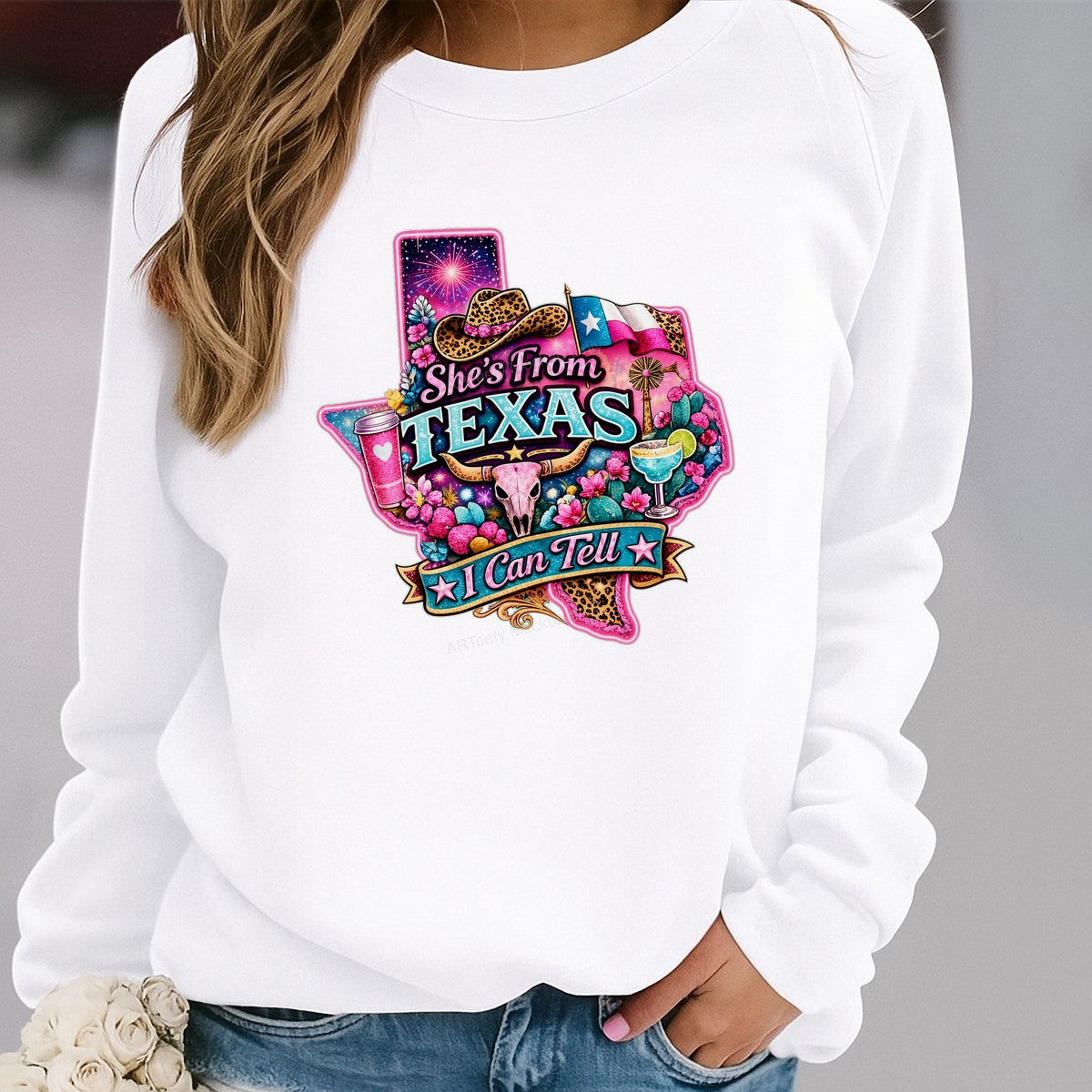 DTF Heat Transfer She’s From Texas I Can Tell Western Cow Skull and Cactus Graphic for T Shirts Hoodies and Tote Bags - 2