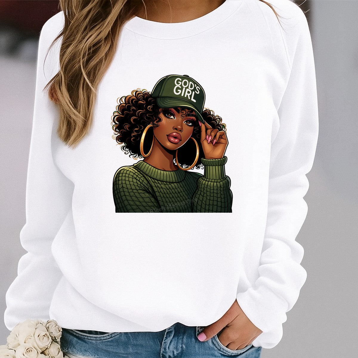 Christian Heat Transfer God’s Girl Afro Woman Graphic with Green Hat for T Shirts Hoodies and Tote Bags - 2