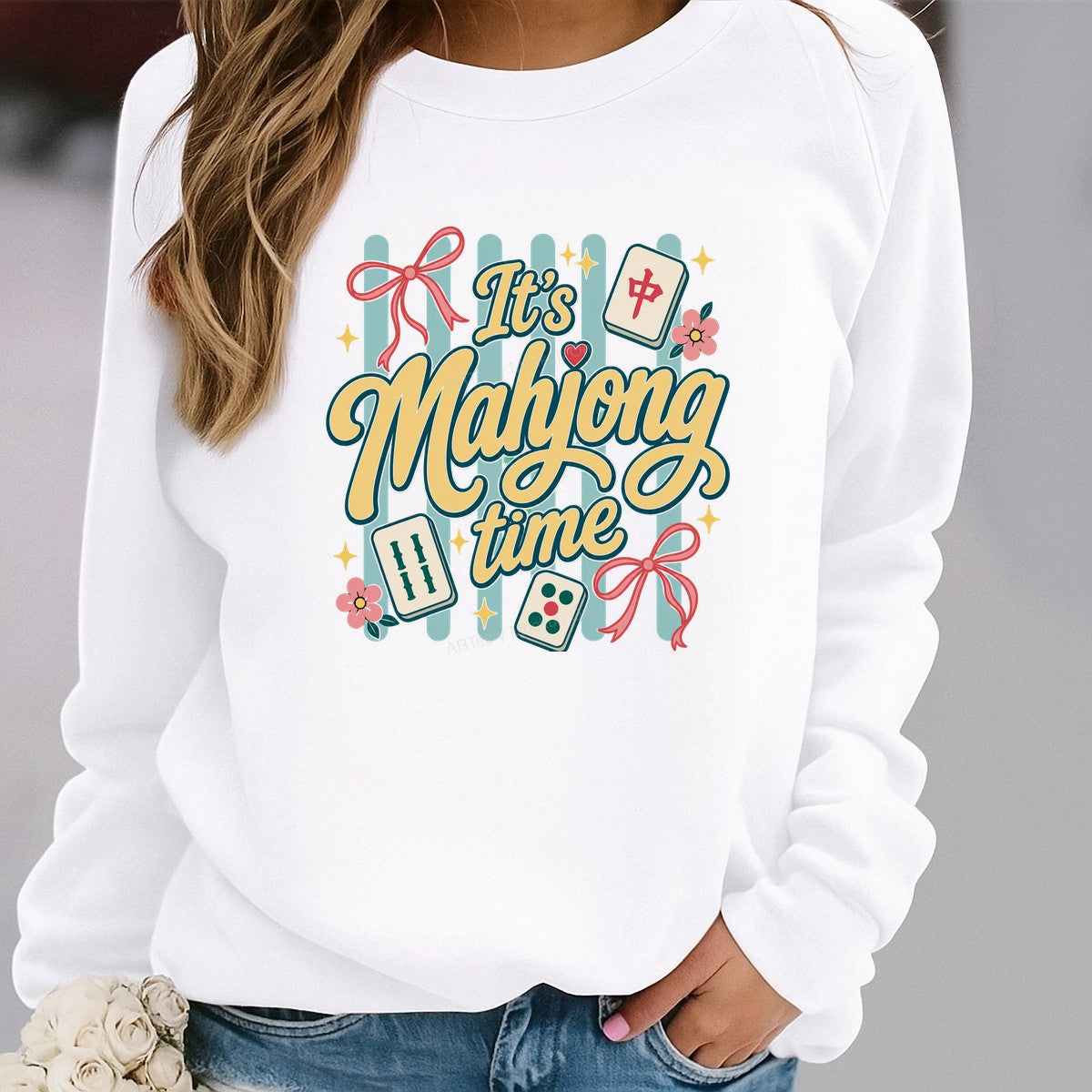 DTF Transfer It’s Mahjong Time Quote with Tiles and Bows Graphic for T Shirts Hoodies and Game Night Gifts - 2