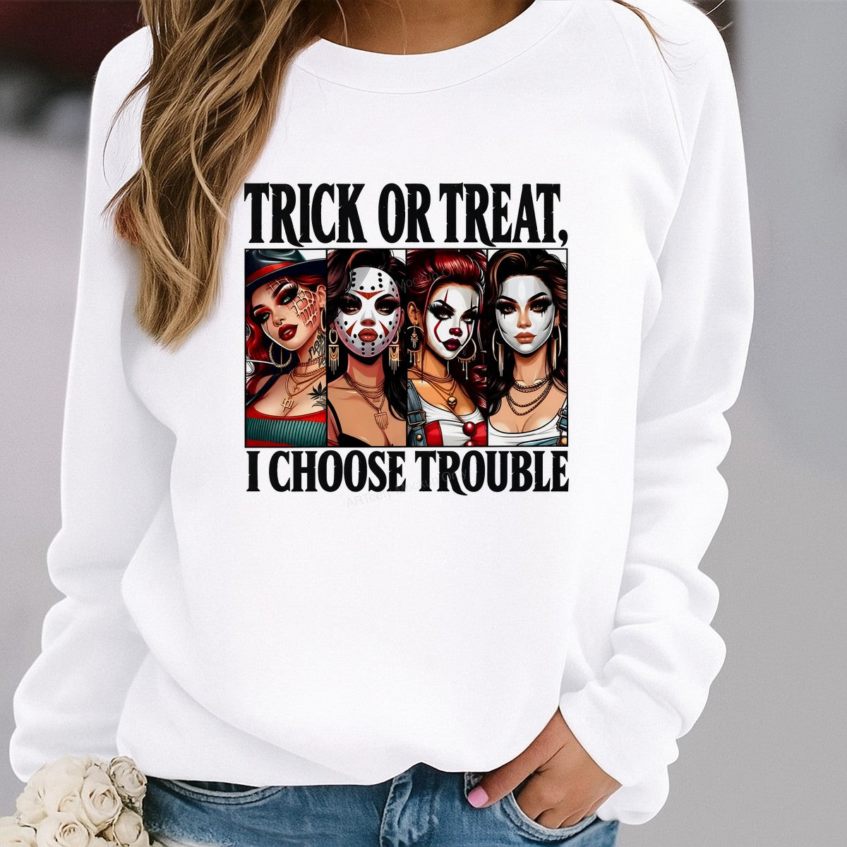 DTF Transfer Trick Or Treat I Choose Trouble Halloween Makeup Girl Graphic for T Shirts Hoodies and Tote Bags - 2