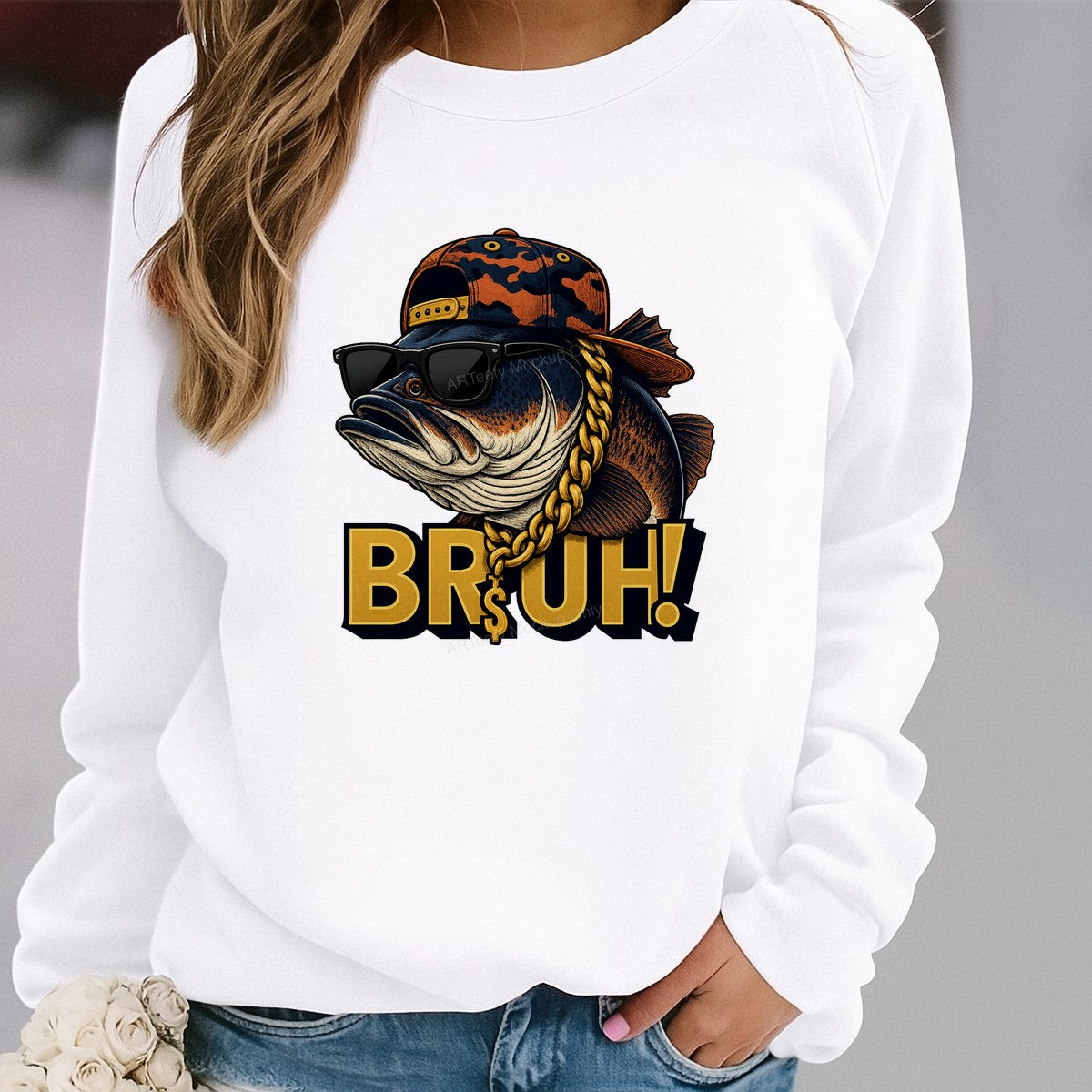 Funny Graphic Transfer Bruh Bass Fish with Sunglasses and Gold Chain Streetwear Design for T Shirts Hoodies and Fishing Apparel - 2