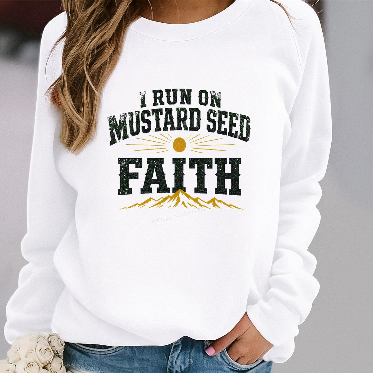 Christian Heat Transfer I Run On Mustard Seed Faith Mountain Graphic for T Shirts Hoodies and Tote Bags - 2