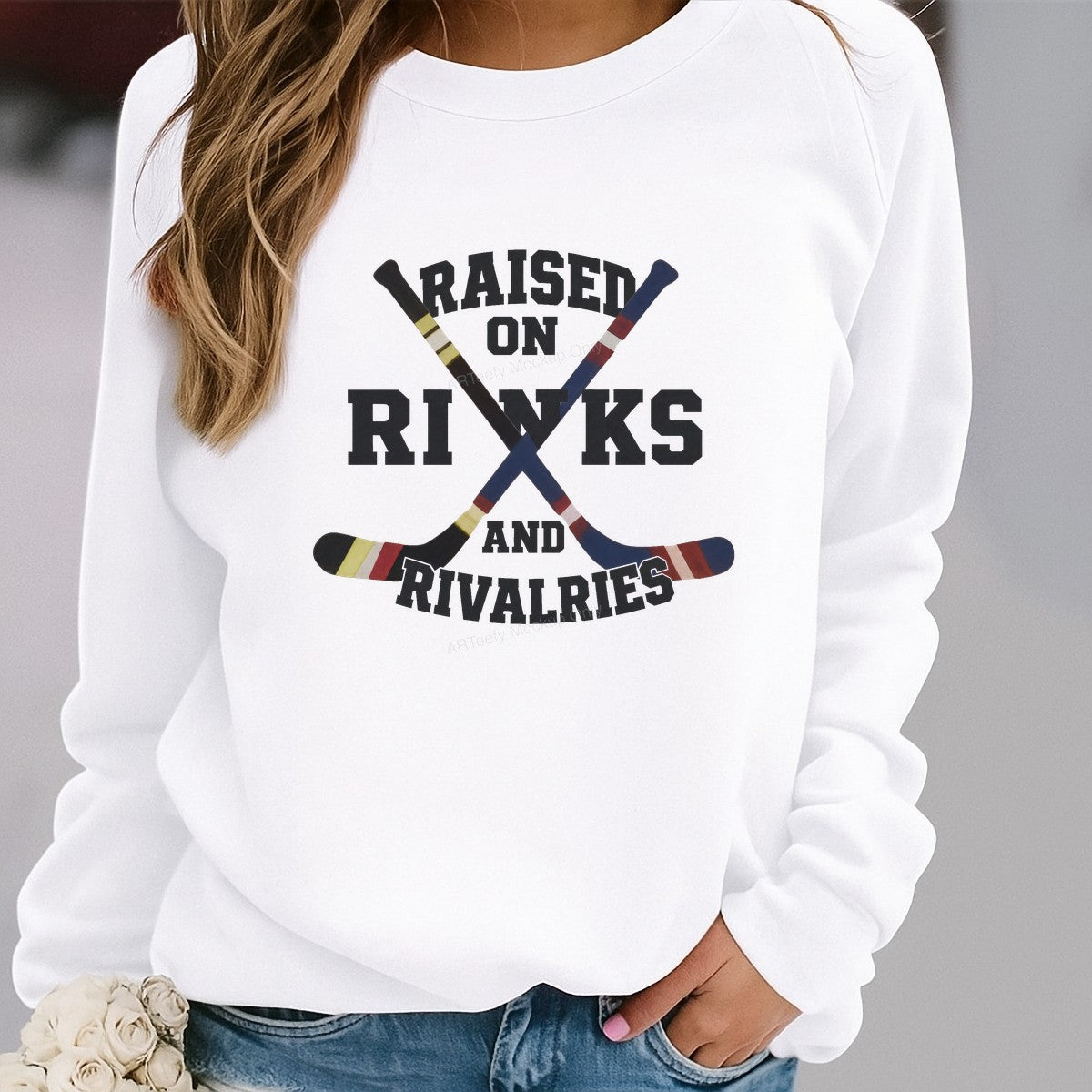 DTF Transfer Raised On Rinks And Rivalries Hockey Sticks Graphic for T Shirts Hoodies and Game Day Apparel - 2