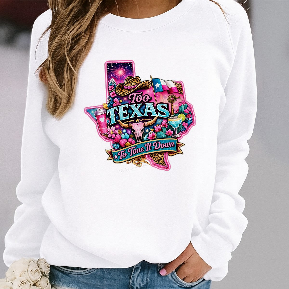 DTF Heat Transfer Too Texas To Tone It Down Western Cowgirl Skull and Cactus Graphic for T Shirts Hoodies and Tote Bags - 2