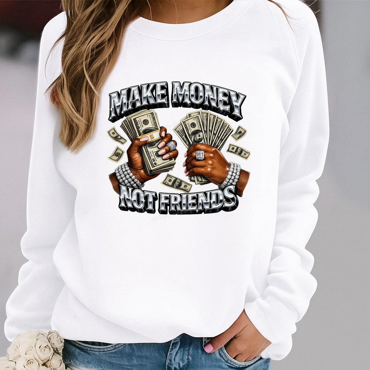 DTF Transfer Make Money Not Friends Cash Hands Chrome Lettering Graphic for T Shirts Hoodies and Streetwear Apparel - 2