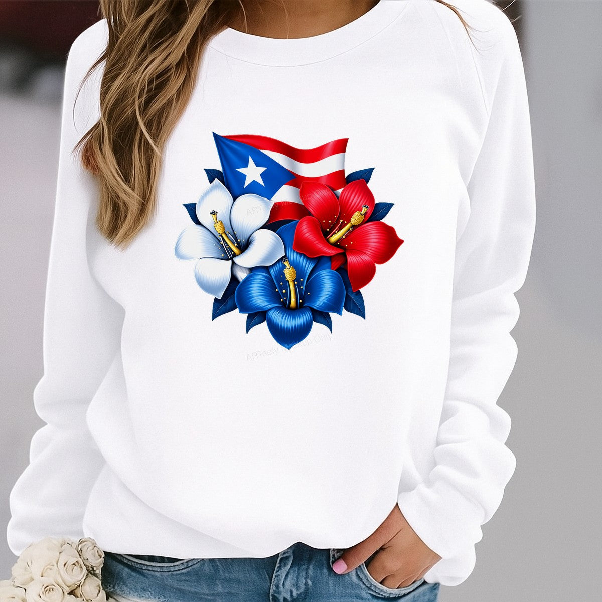 DTF Heat Transfer Puerto Rico Flag with Red White Blue Hibiscus Floral Graphic for T Shirts Hoodies and Tote Bags - 2