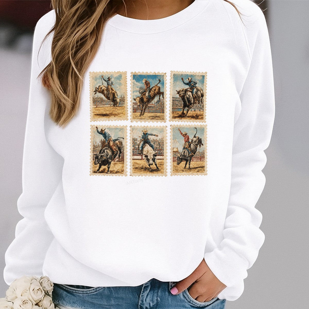 Western Heat Transfer Vintage Rodeo Bull Rider Postage Stamp Graphic for T Shirts Hoodies and Tote Bags - 2