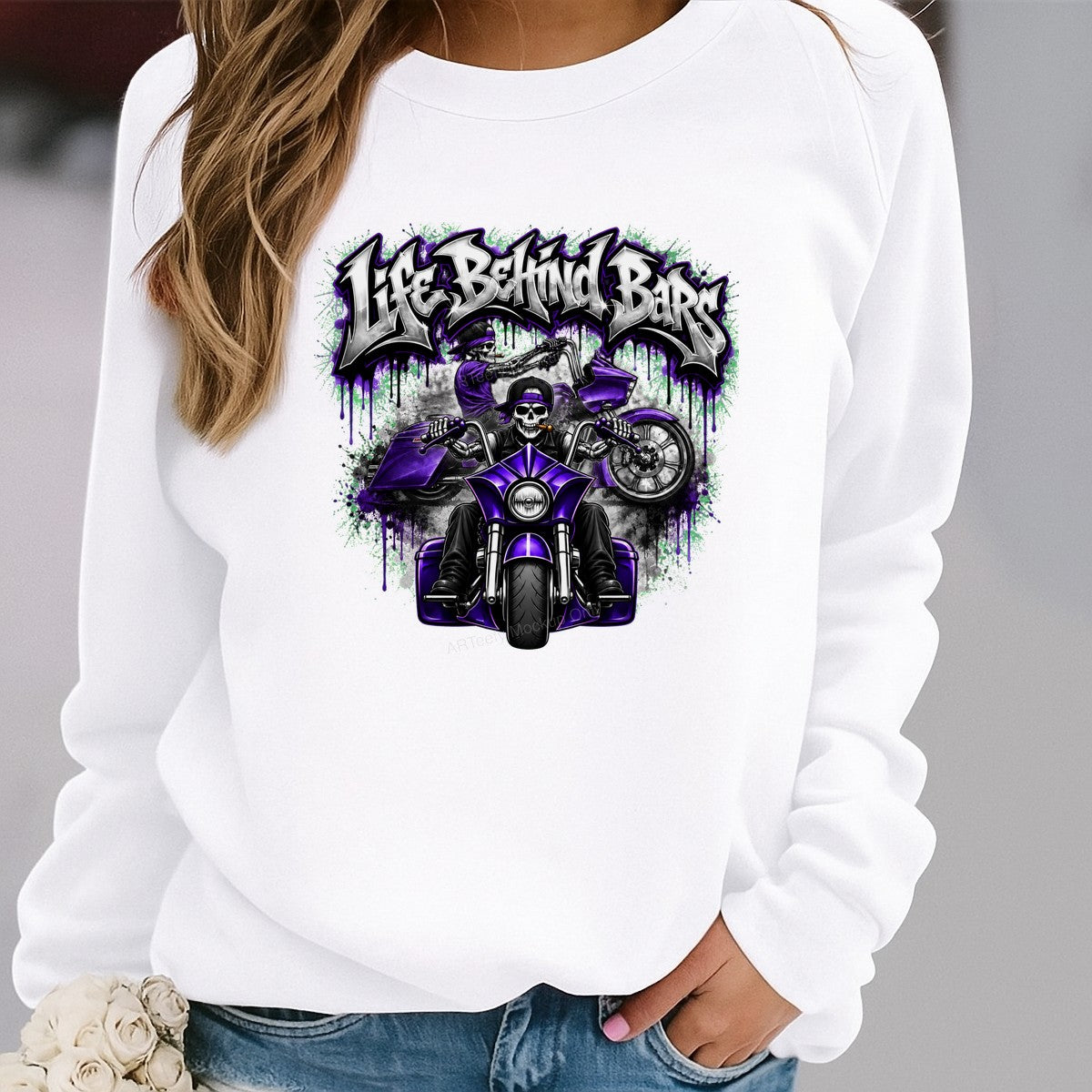 DTF Heat Transfer Life Behind Bars Skeleton Biker Purple Motorcycle Graphic for T Shirts Hoodies and Biker Apparel - 2