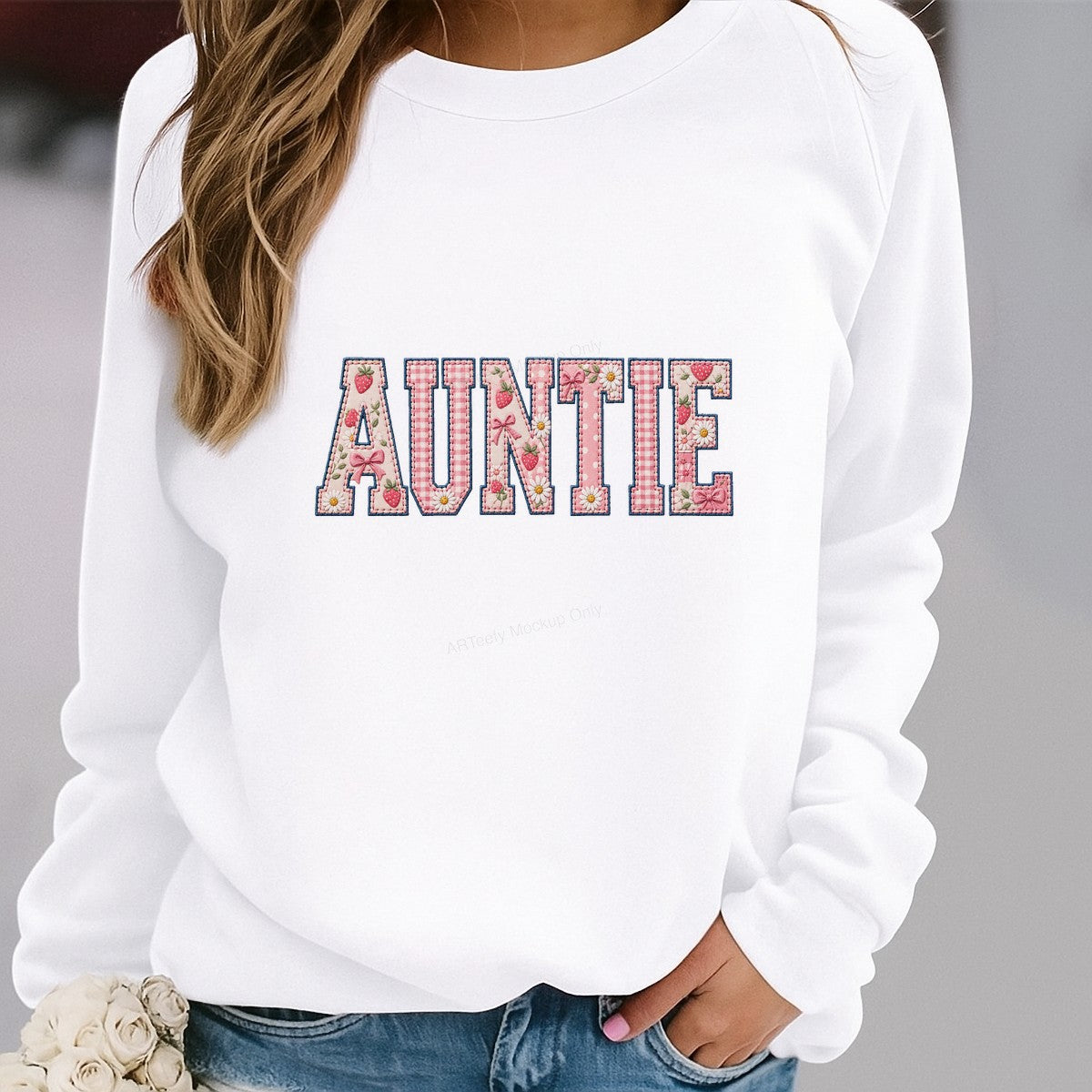 DTF Heat Transfer Auntie Strawberry Floral Gingham Letter Graphic for T Shirts Hoodies and Gifts - 2