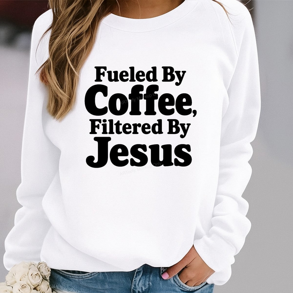 Christian Heat Transfer Fueled By Coffee Filtered By Jesus Bold Text Graphic for T Shirts Hoodies and Tote Bags - 2