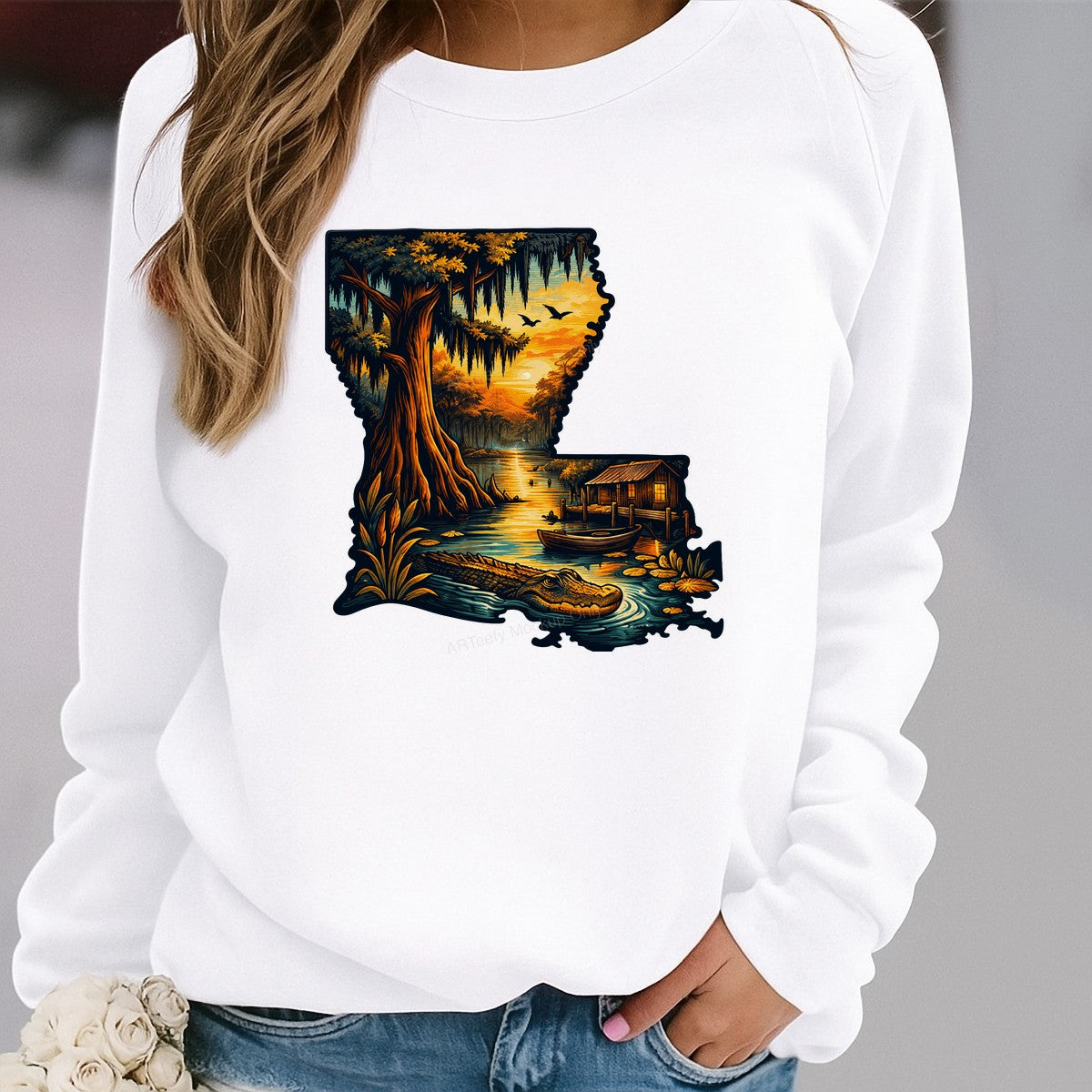 DTF Heat Transfer Louisiana Bayou Sunset with Alligator and Cabin Graphic for T Shirts Hoodies and Tote Bags - 2