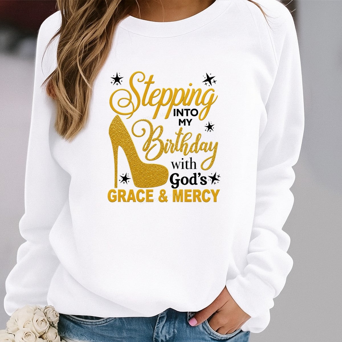 Christian Heat Transfer Stepping Into My Birthday With God’s Grace and Mercy Gold High Heel Graphic for T Shirts Hoodies and Birthday Apparel - 2