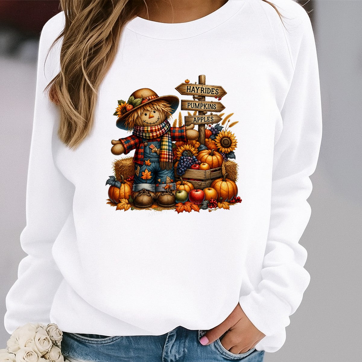 DTF Transfer Cute Fall Scarecrow with Pumpkins Sunflowers and Hayrides Sign Graphic for T Shirts Hoodies and Tote Bags - 2