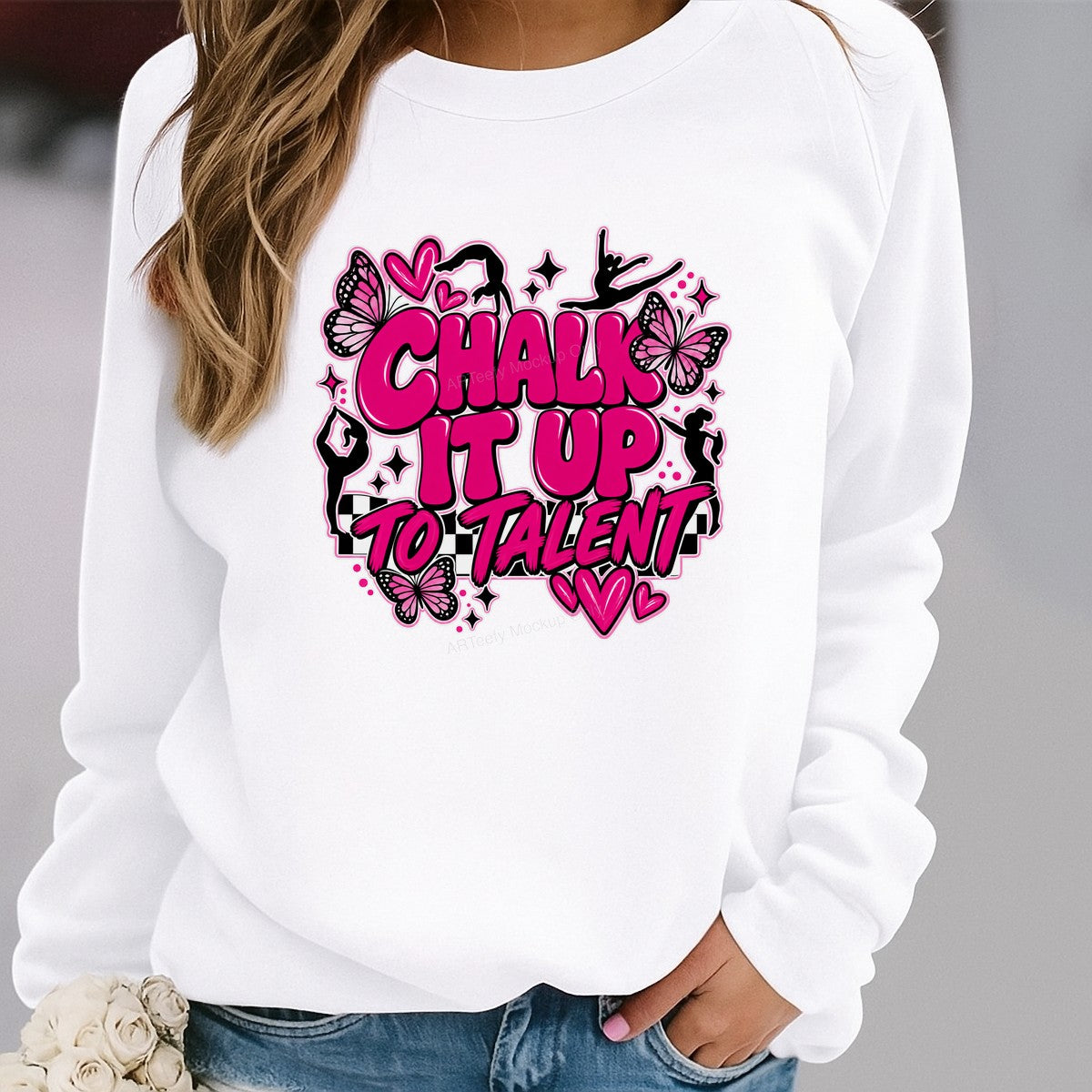 DTF Heat Transfer Chalk It Up To Talent Gymnastics Quote Pink Butterfly Graphic for T Shirts Hoodies and Dance Apparel - 2