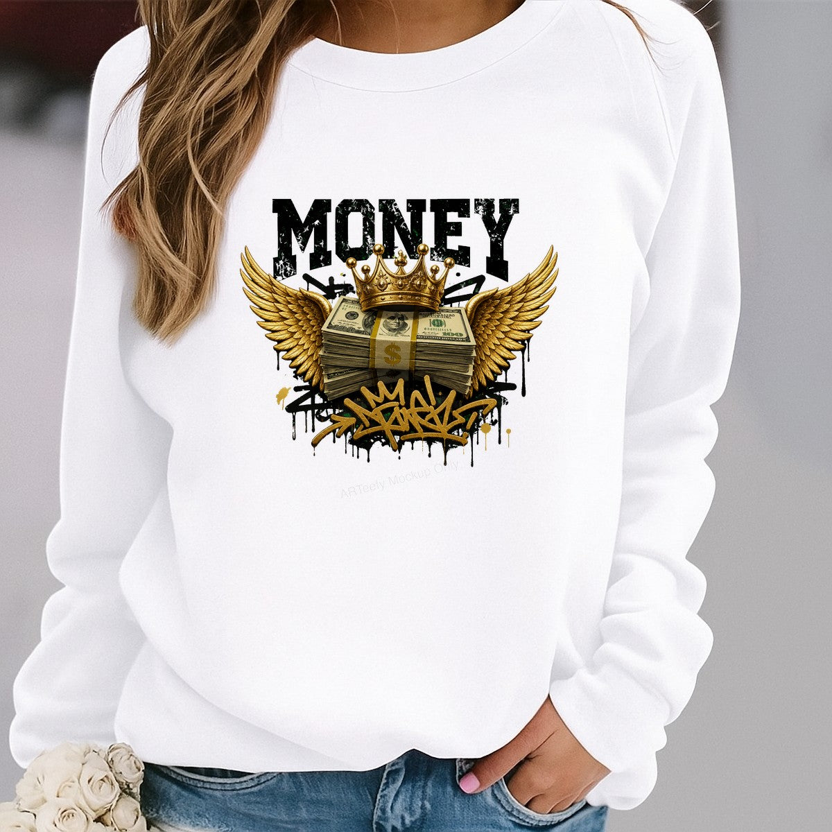 DTF Heat Transfer Money Crown with Wings Graffiti Cash Stack Graphic for T Shirts Hoodies and Streetwear Apparel - 2