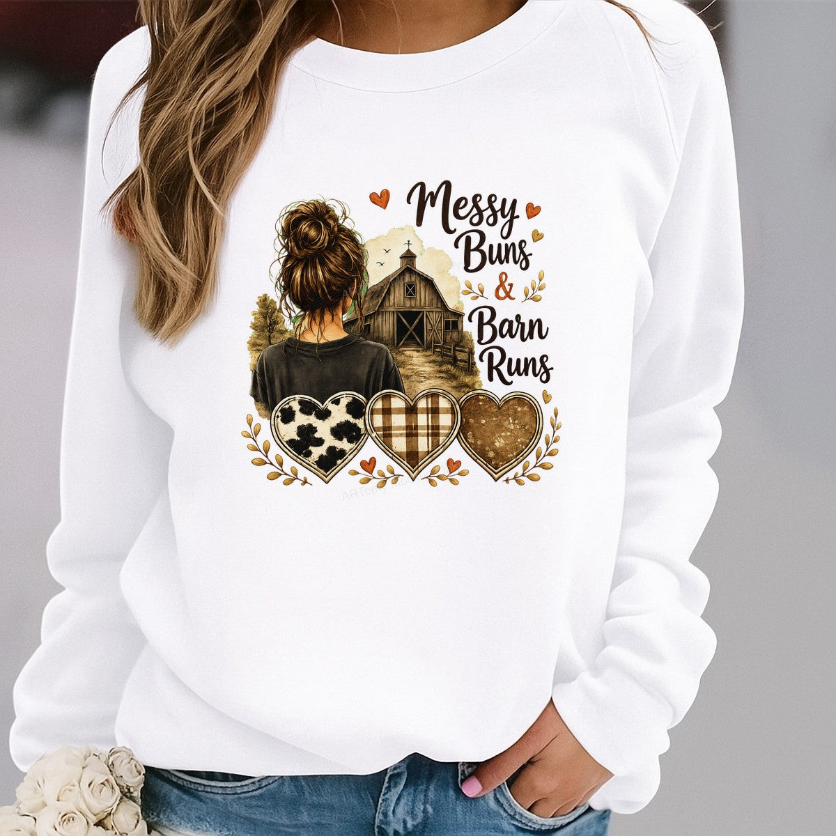 DTF Heat Transfer Messy Buns and Barn Runs Farm Girl Rustic Heart Graphic for T Shirts Hoodies and Tote Bags - 2