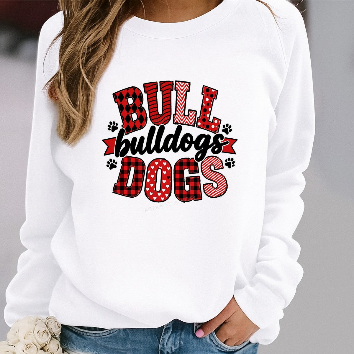 DTF Transfer Bull Bulldogs Dogs Red Plaid and Heart Graphic for T Shirts Hoodies and Tote Bags - 2