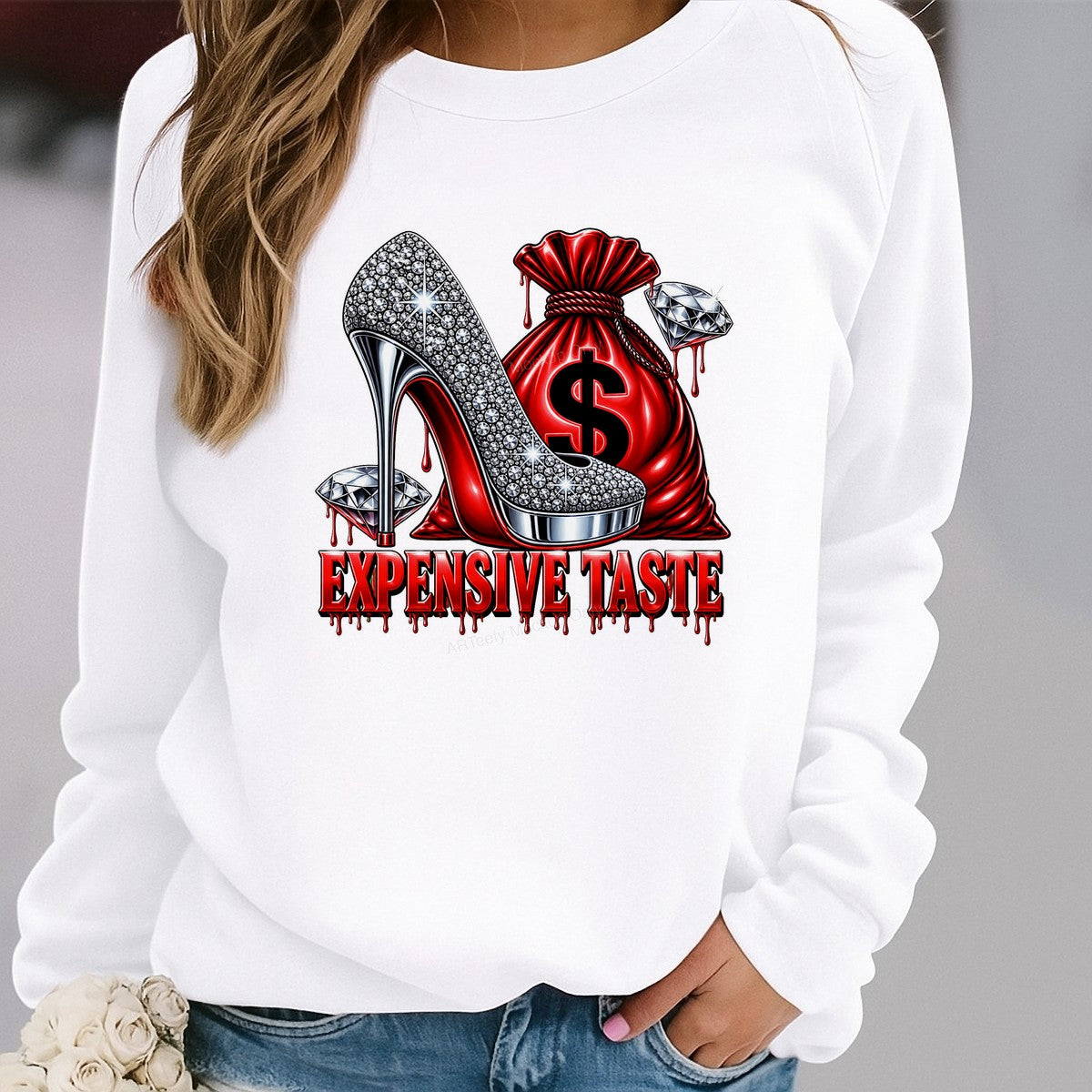 DTF Transfer Expensive Taste Crystal High Heel and Money Bag Graphic for T Shirts Hoodies and Tote Bags - 2