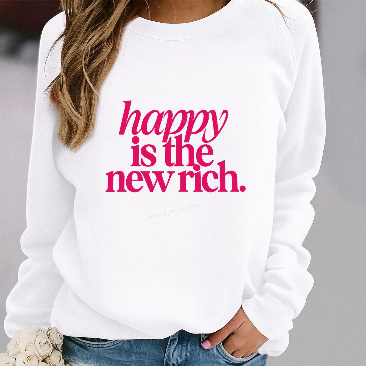 DTF Transfer Happy Is The New Rich Quote Bold Pink Typography Graphic for T Shirts Hoodies and Tote Bags - 2