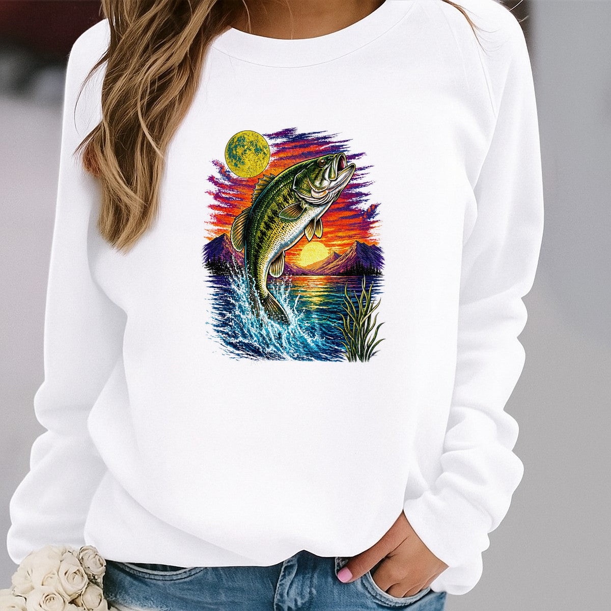DTF Heat Transfer Jumping Bass Fish Sunset Lake Graphic for Fishing T Shirts Hoodies and Gifts - 2