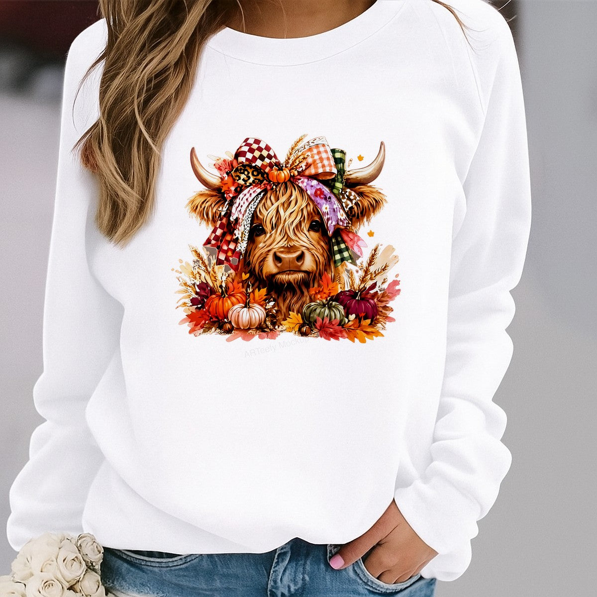 DTF Heat Transfer Highland Cow with Fall Pumpkins Plaid Bow Graphic for T Shirts Hoodies and Tote Bags - 2