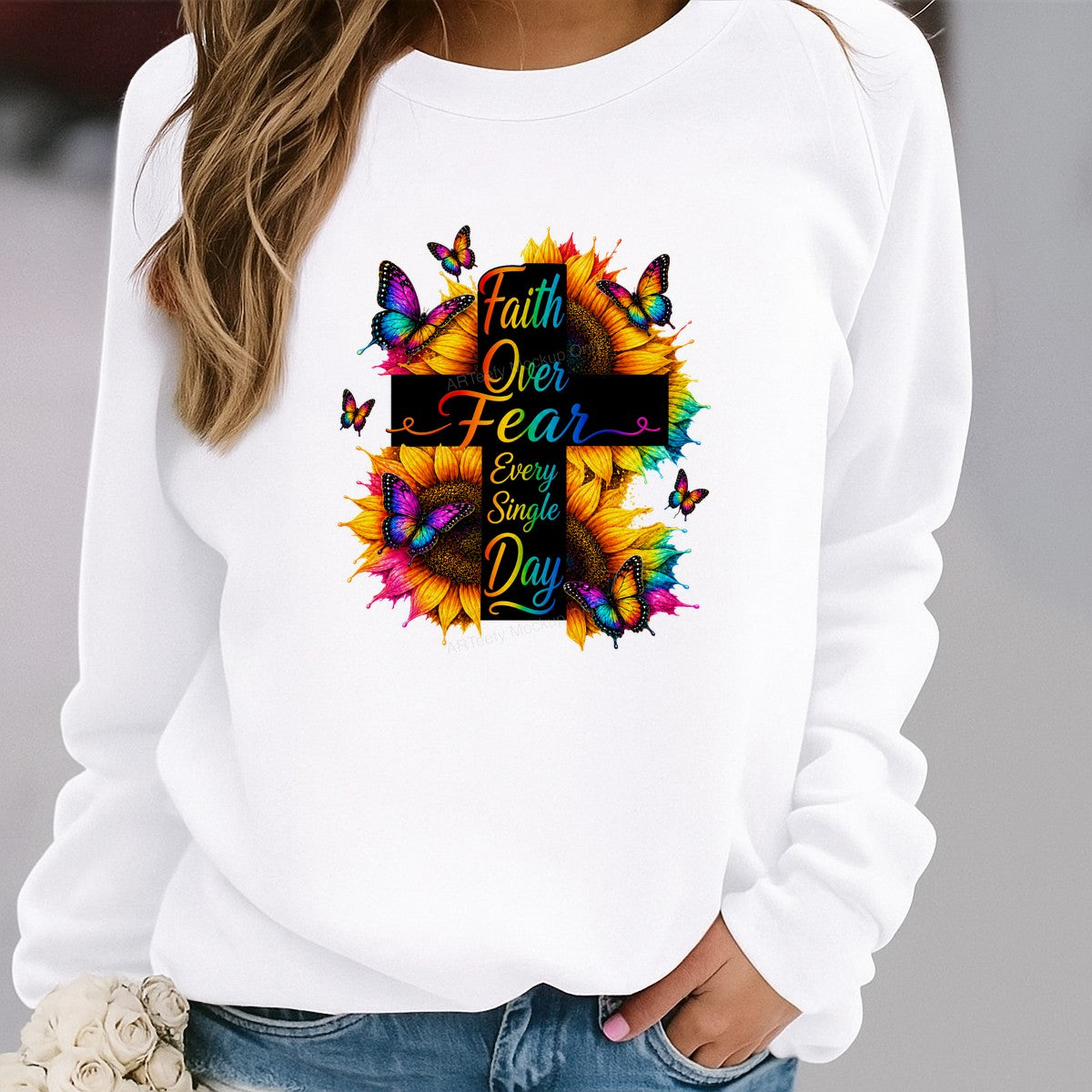 Christian Heat Transfer Faith Over Fear Every Single Day Cross with Sunflowers and Butterflies for T Shirts Hoodies and Tote Bags - 2