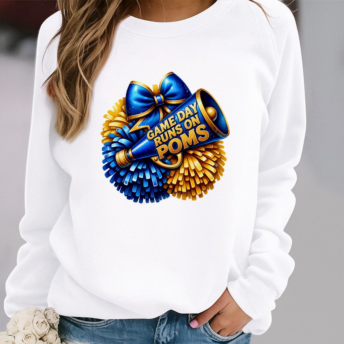 DTF Transfer Game Day Runs On Poms Cheer Megaphone and Pom Pom Graphic for T Shirts Hoodies and Tote Bags - 2