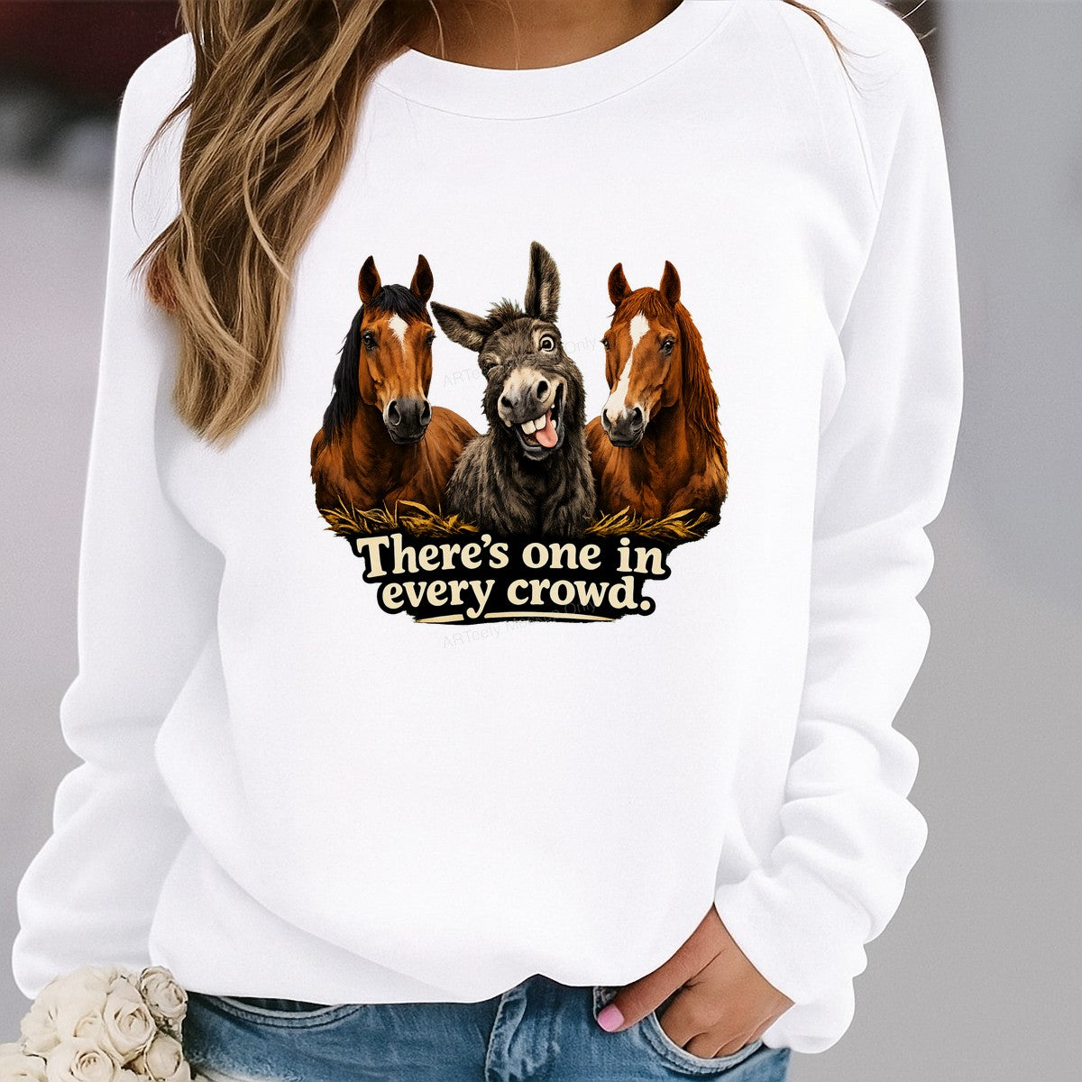 Funny Graphic Transfer “There’s One in Every Crowd” Silly Donkey with Horses Cartoon Design for T Shirts Hoodies and Casual Wear - 2