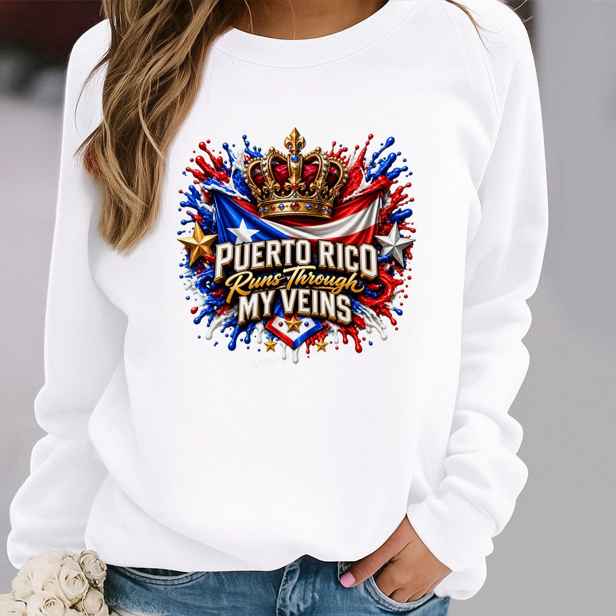 DTF Heat Transfer Puerto Rico Runs Through My Veins Crown and Flag Graphic for T Shirts Hoodies and Casual Wear - 2