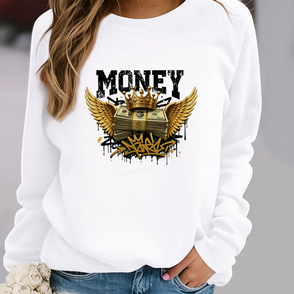 DTF Heat Transfer Money Crown and Wings Cash Stack Graffiti Graphic for T Shirts Hoodies and Streetwear Apparel - 2