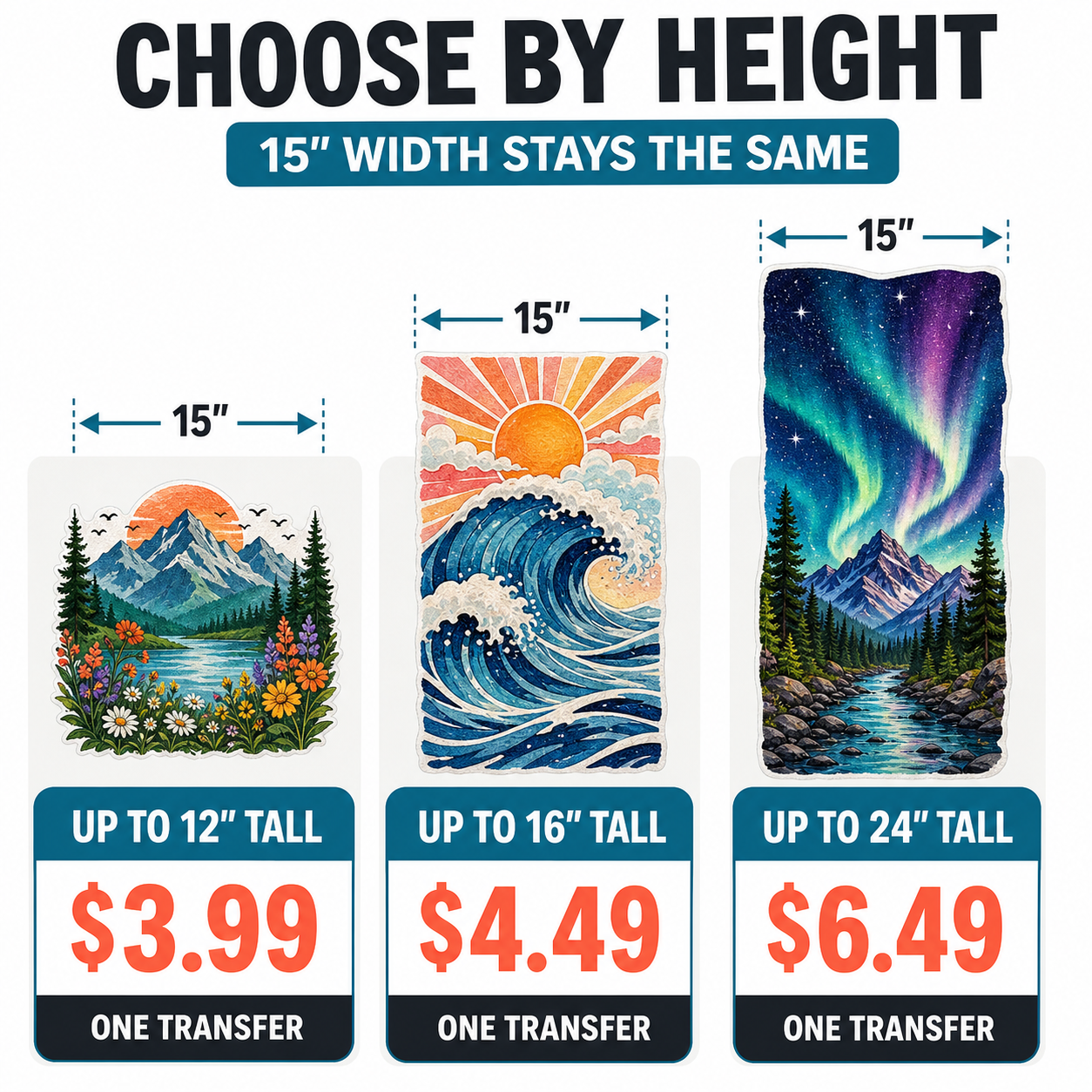 ARTeefy 15-inch-wide Custom DTF v1: height bands and prices