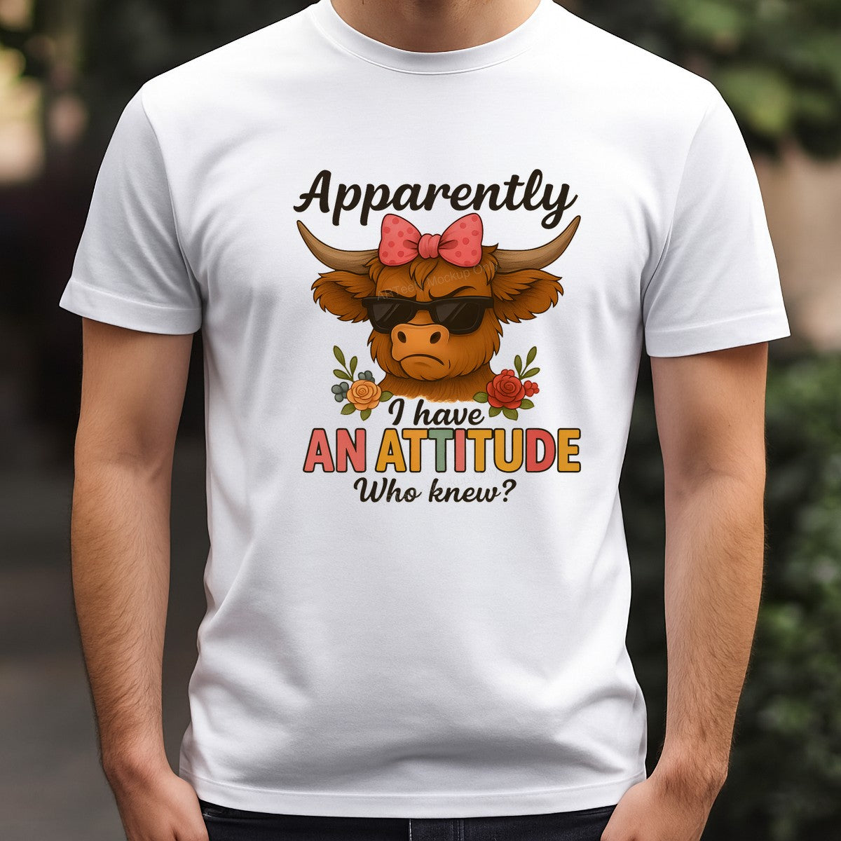 DTF Transfer Apparently I Have An Attitude Cow with Sunglasses and Bow Floral Graphic for T Shirts Hoodies and Tote Bags - 3