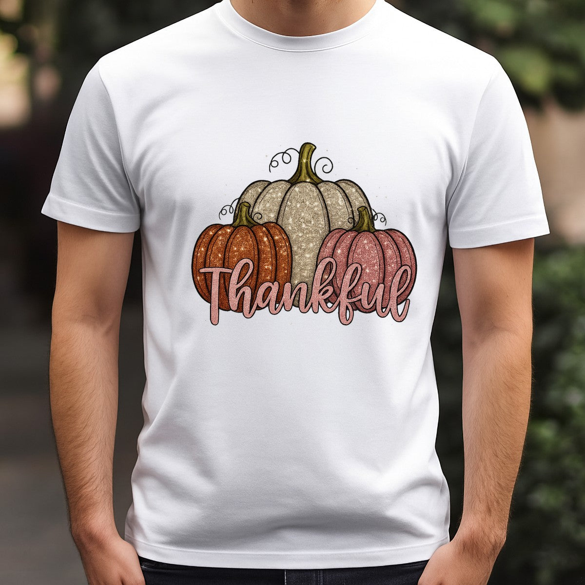 DTF Heat Transfer Iron On Sticker Thankful Glitter Pumpkins for Fall Home Decor Thanksgiving Apparel and DIY Projects - 3