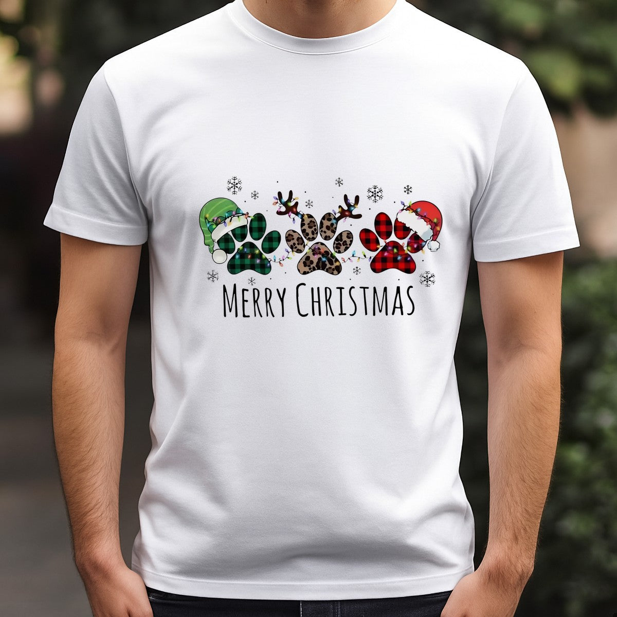 DTF Heat Transfer Iron On Sticker Merry Christmas Paw Prints with Santa Hats Snowflakes and Christmas Lights for Holiday T Shirts Hoodies Bags Home Decoration and Family Celebration - 3