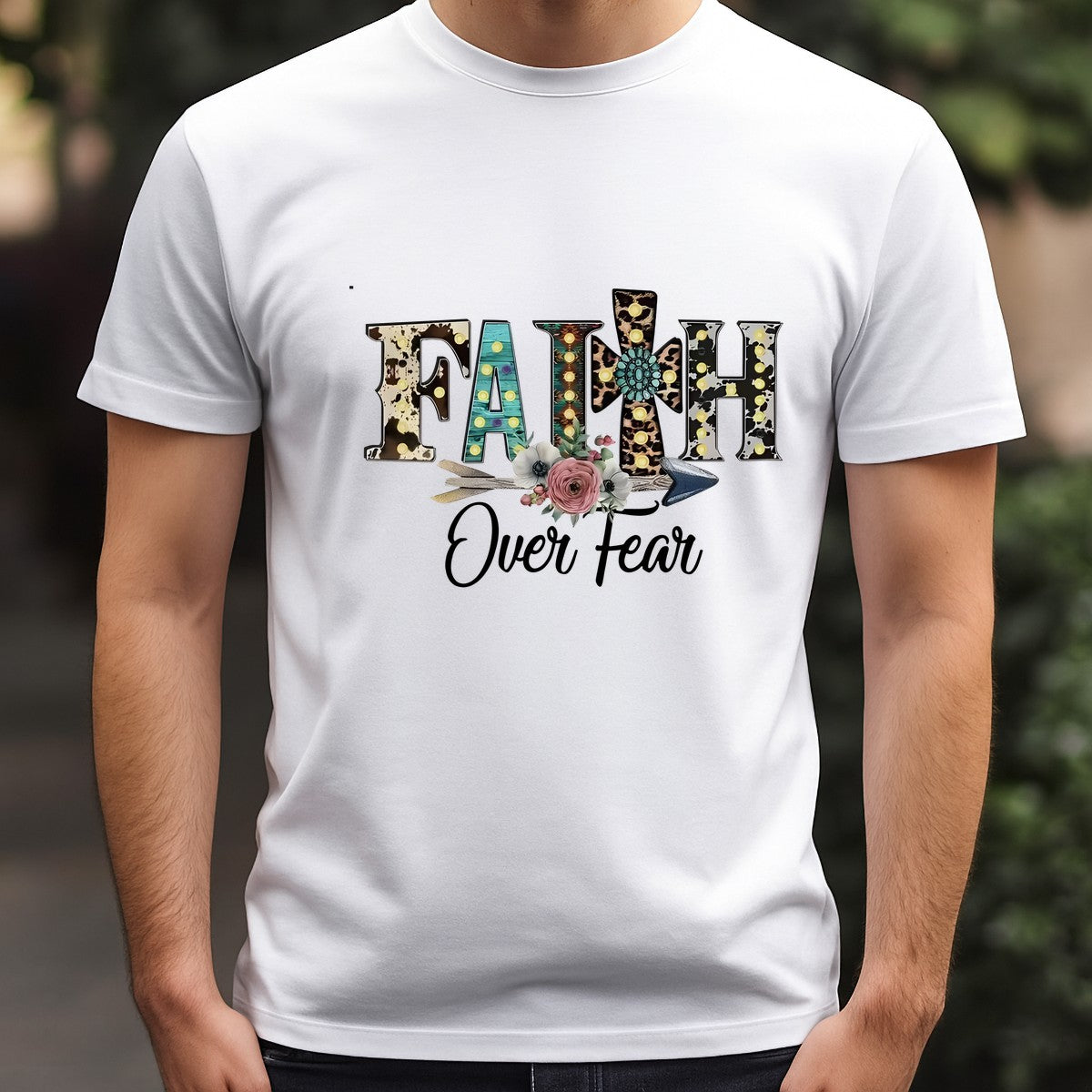 DTF Heat Transfer Iron On Sticker Faith Over Fear Lettering with Rustic Floral Arrow Pattern for Western Apparel Bags Home Decor and Inspirational Gifts - 3