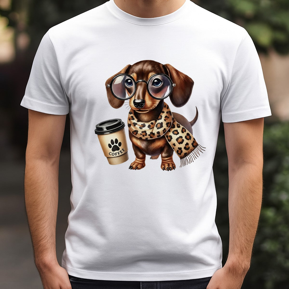 DTF Heat Transfer Iron On Sticker Cute Dachshund with Coffee Cup and Leopard Scarf for Fall Home Decor T Shirts Hoodies and Tote Bags - 3
