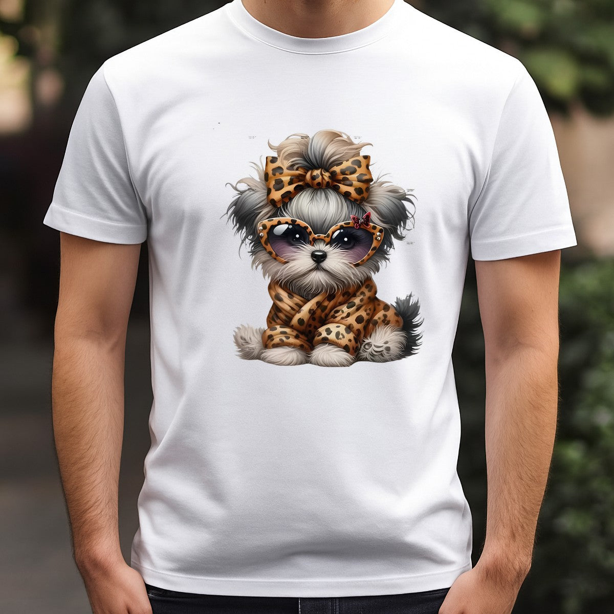 DTF Heat Transfer Iron On Sticker Cute Shih Tzu Puppy in Leopard Print Outfit for Animal Lovers Apparel Bags Jackets and Home Decor - 3