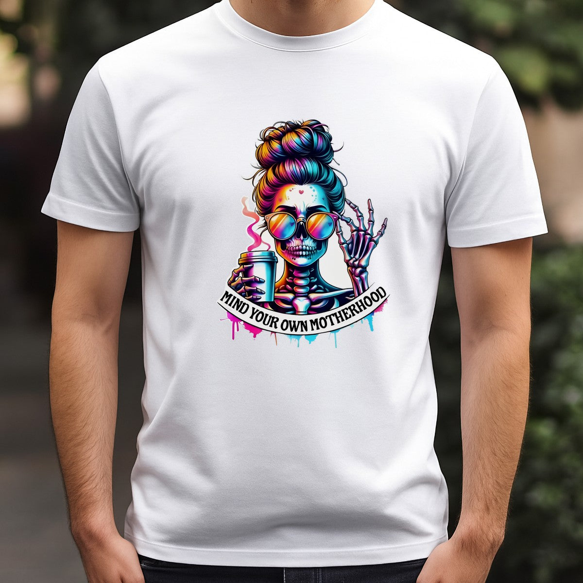 DTF Heat Transfer Iron On Sticker Skull Mom with Coffee and Sunglasses for Halloween Decor T Shirts Bags and Home Decoration - 3